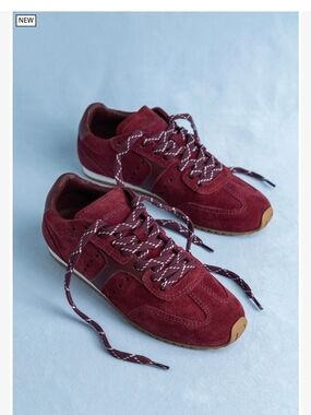 Larroude Stella Burgundy Suede Retro Runner Sneakers with Tan Toe